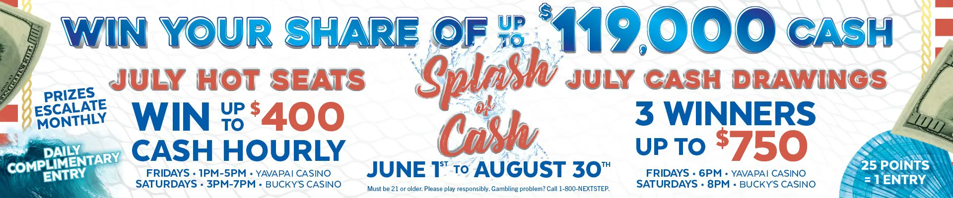 Splash for Cash July Cash Drawings win your share of up to $119,000
