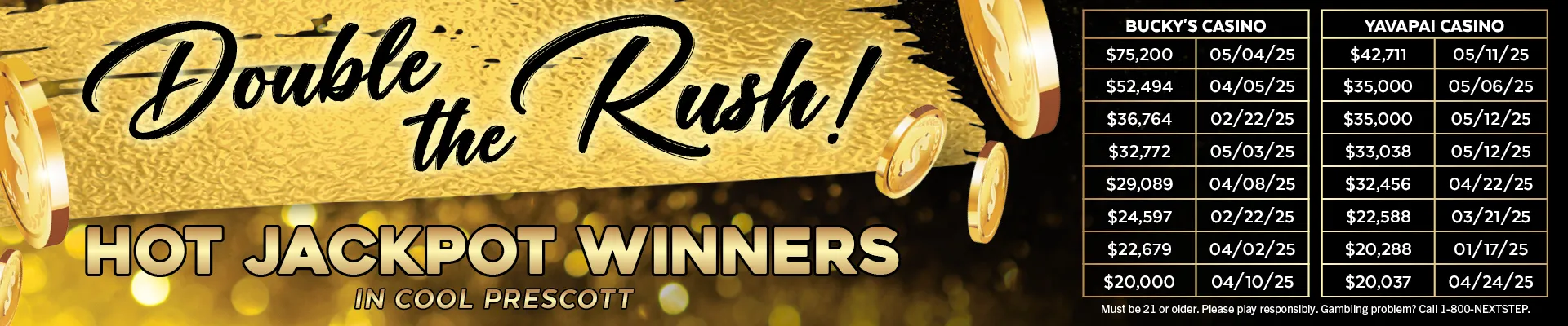 Double the Rush Hot Jackpot Winners at Bucky's Casino and Yavapai Casino